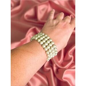 Vintage Faux Pearl Glass Bead Bracelet White Stretch Wide Art Deco Revival